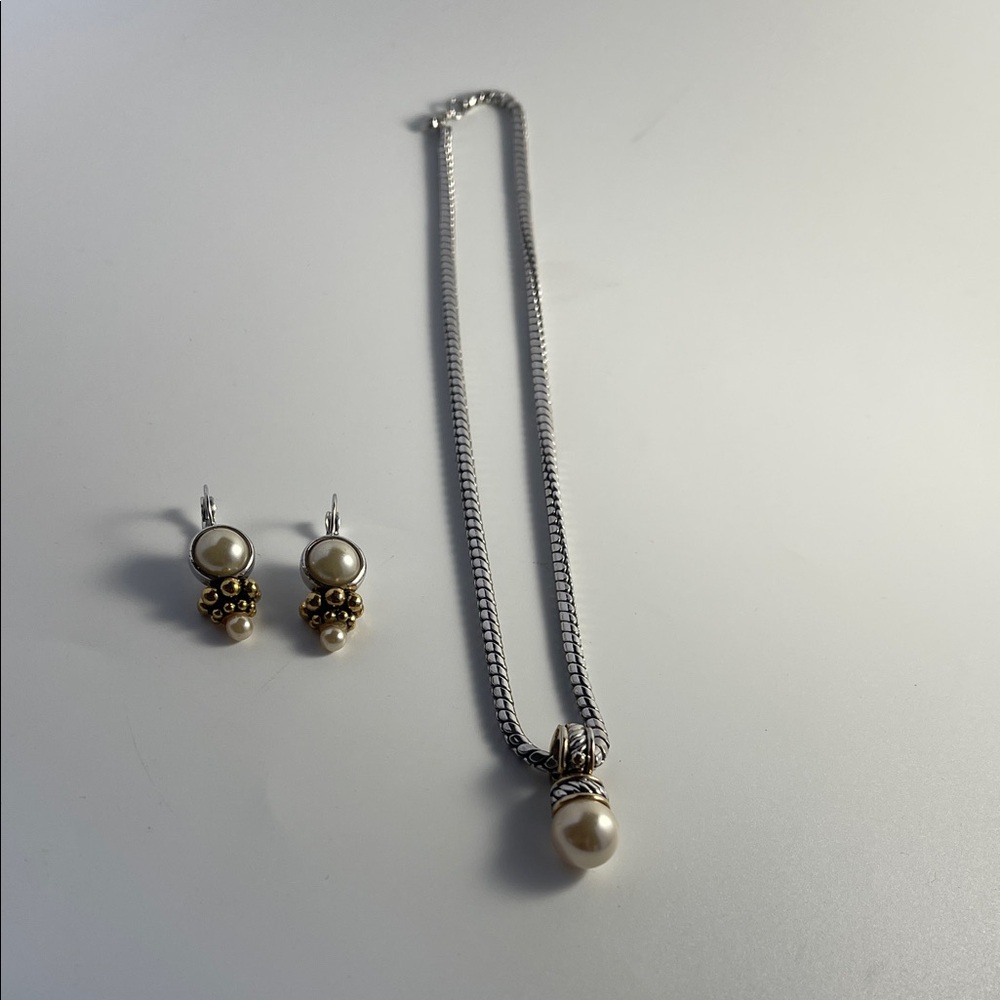 Elegant Silver and Gold Tone Necklace & Earrings with Pearl Accent